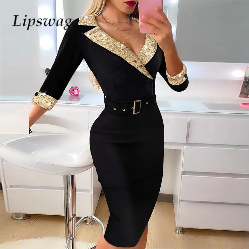 Elegant Sequin Splicing Bodycon Dress Fashion Ladies Lapel Long Sleeve Blazer Dress Autumn Women Slim Waisted Belt Midi Dresses
Elegant Sequin Splicing Bodycon Dress Fashion Ladies Lapel Long Sleeve Blazer Dress Autumn Women Slim Waisted Belt Midi Dresses