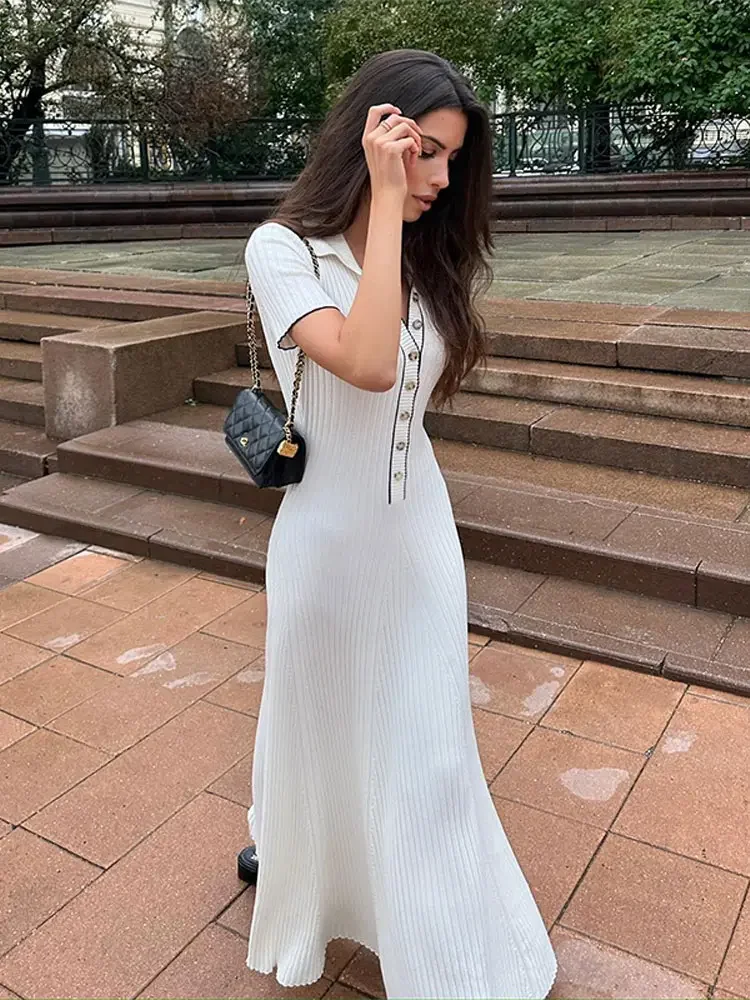 

Elegant Solid Buttons Knitted Maxi Dress Women Slim Lapel Short Sleeve Ribbed Dresses 2024 Summer Female Chic Streetwear Robe