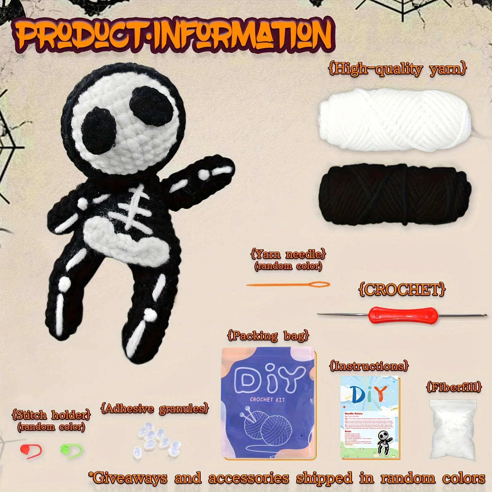 1pc Small Skull Crochet Kit, Halloween Fabric, Beginner's Crochet Kit with Step-by-Step Video Tutorial And Yarn 1pc Small Skull Crochet Kit, Halloween Fabric, Beginner's Crochet Kit with Step-by-Step Video Tutorial And Yarn