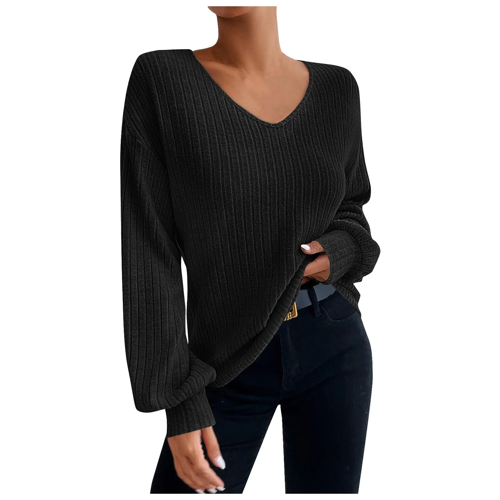 

Autumn/Winter New Solid Color Top V-Neck Long Sleeve Pit Striped Brushed T-shirt Loose Pullover plus size tops for women