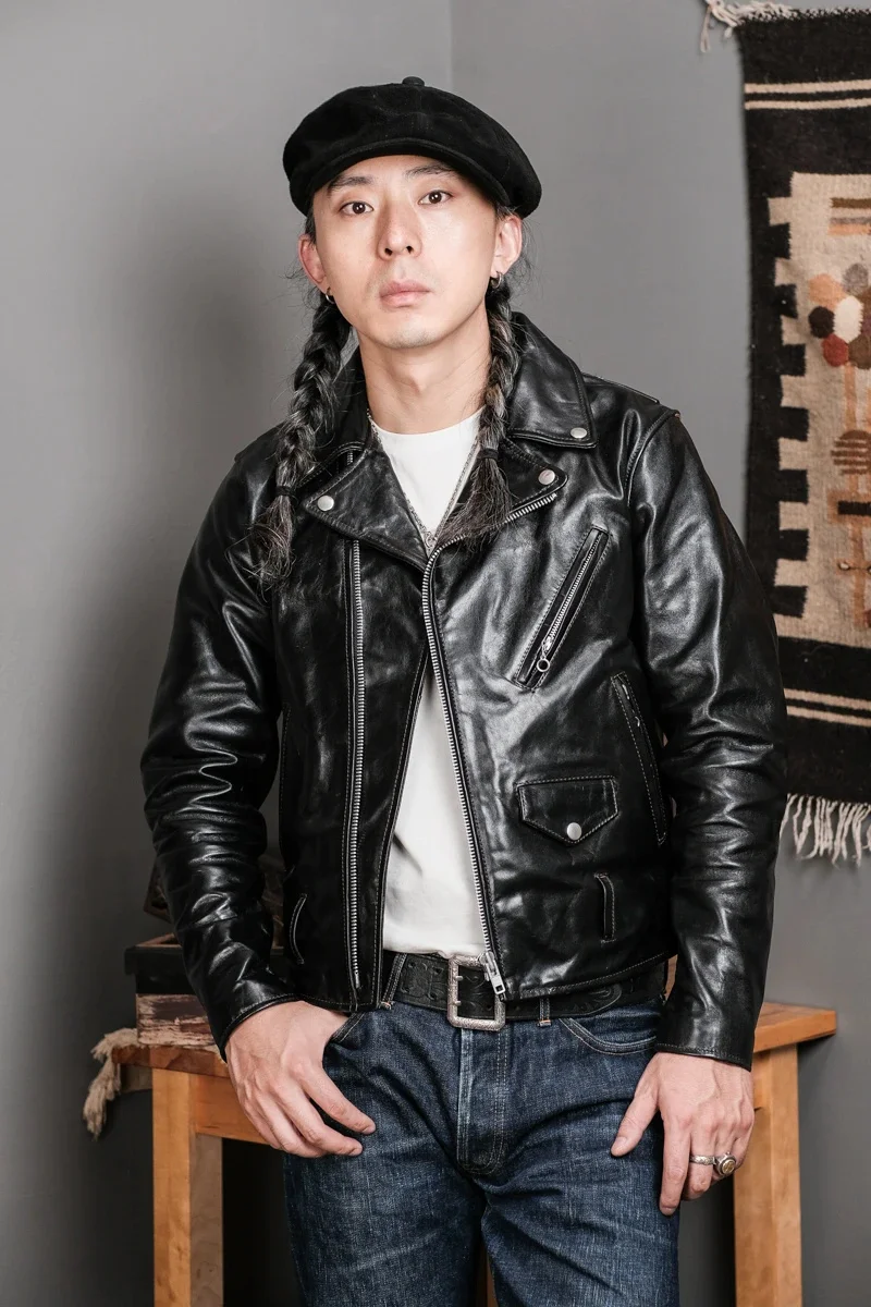 

YR!Free shipping.Brand new Luxury japan style tea core horsehide jacket.Classic moto 618 genuine leather coat,biker