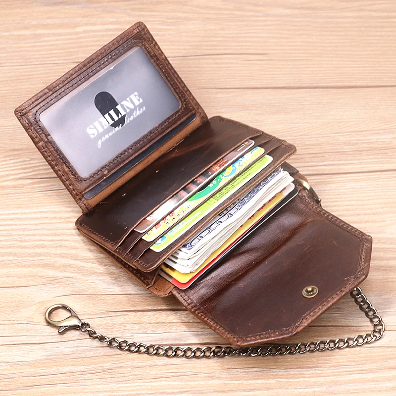 

Genuine Leather Wallet For Men Male Original Cowhide Short Men's Wallets With Card Holder ID Window Coin Pocket Anti-theft Chain