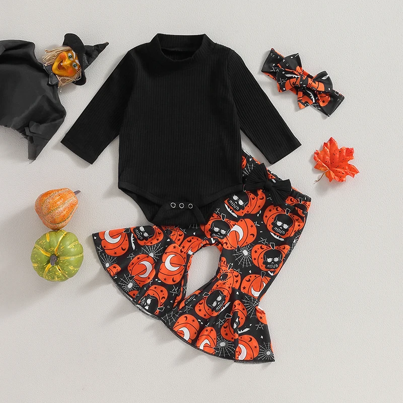 

Baby Girl Fall Outfits Solid Color Rib Knit Long Sleeve Rompers Pumpkin Print Flare Pants Headband 3Pcs Halloween Clothes Set
