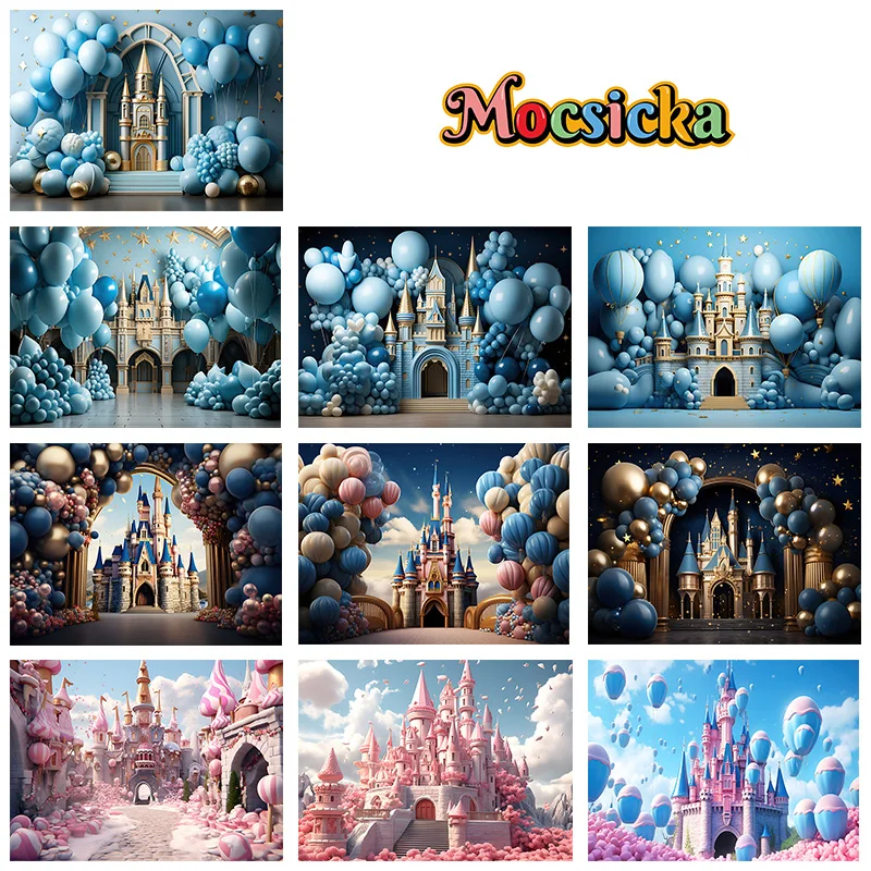 

Mocsicka Birthday Photography Backdrops Castle Theme Balloon Backgrounds Boys Girls Party Cake Smash Portrait Banner Studio