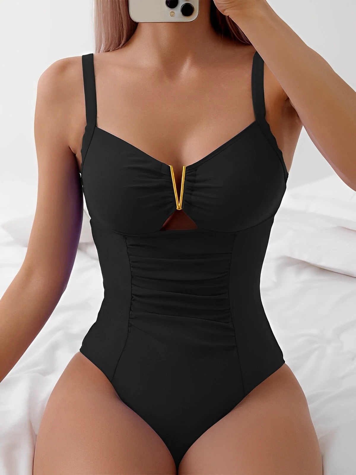 

2023 Cut Out Ruched Front Swimsuit One Piece Swimwear Women Sexy Bathers Bathing Swimming Swim Suit Female Beachwear XXL