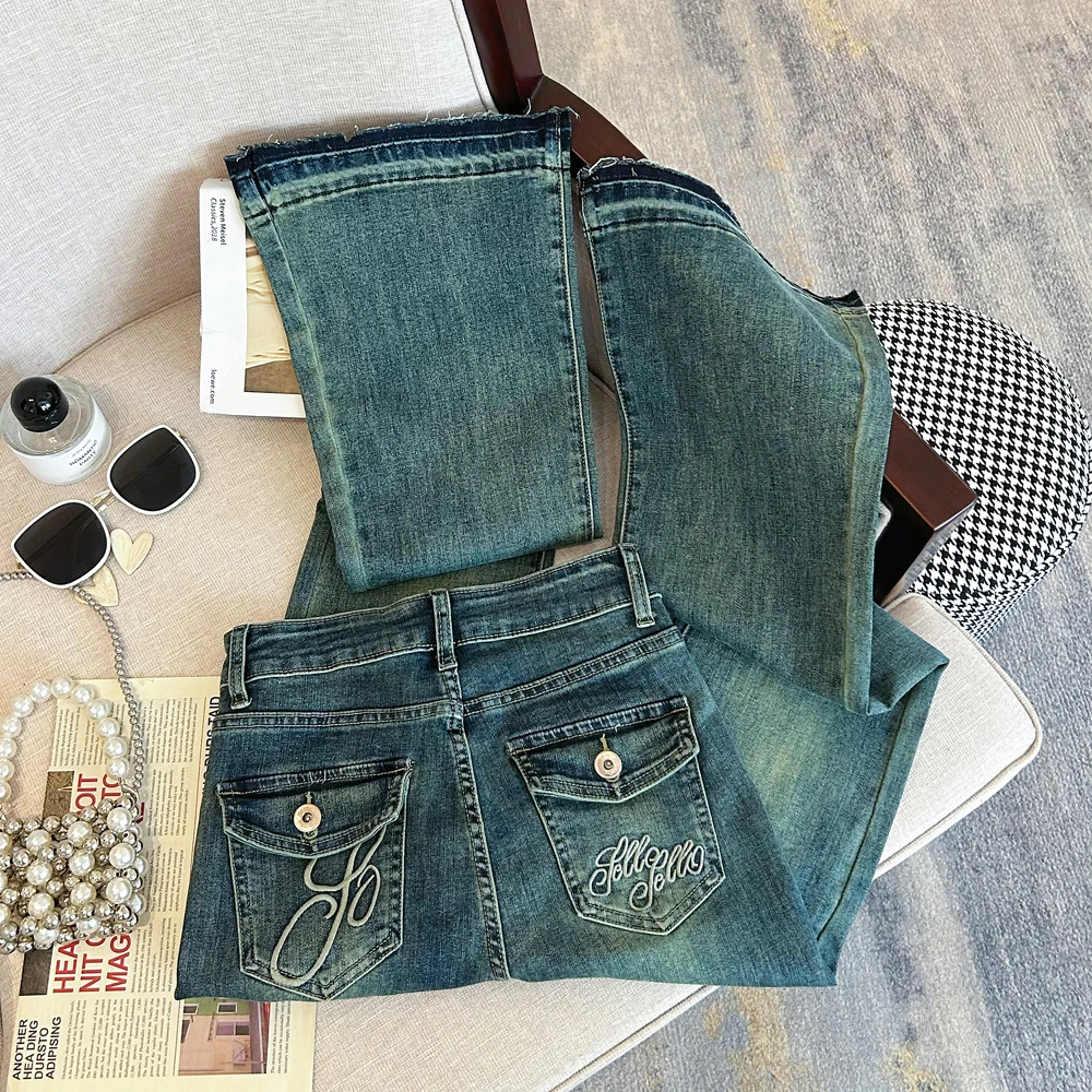 

Embroidered Low Waist Slightly Flared Women's Jeans Summer New Street Style Trousers Fashion Female Stretch Fitting Denim Pants