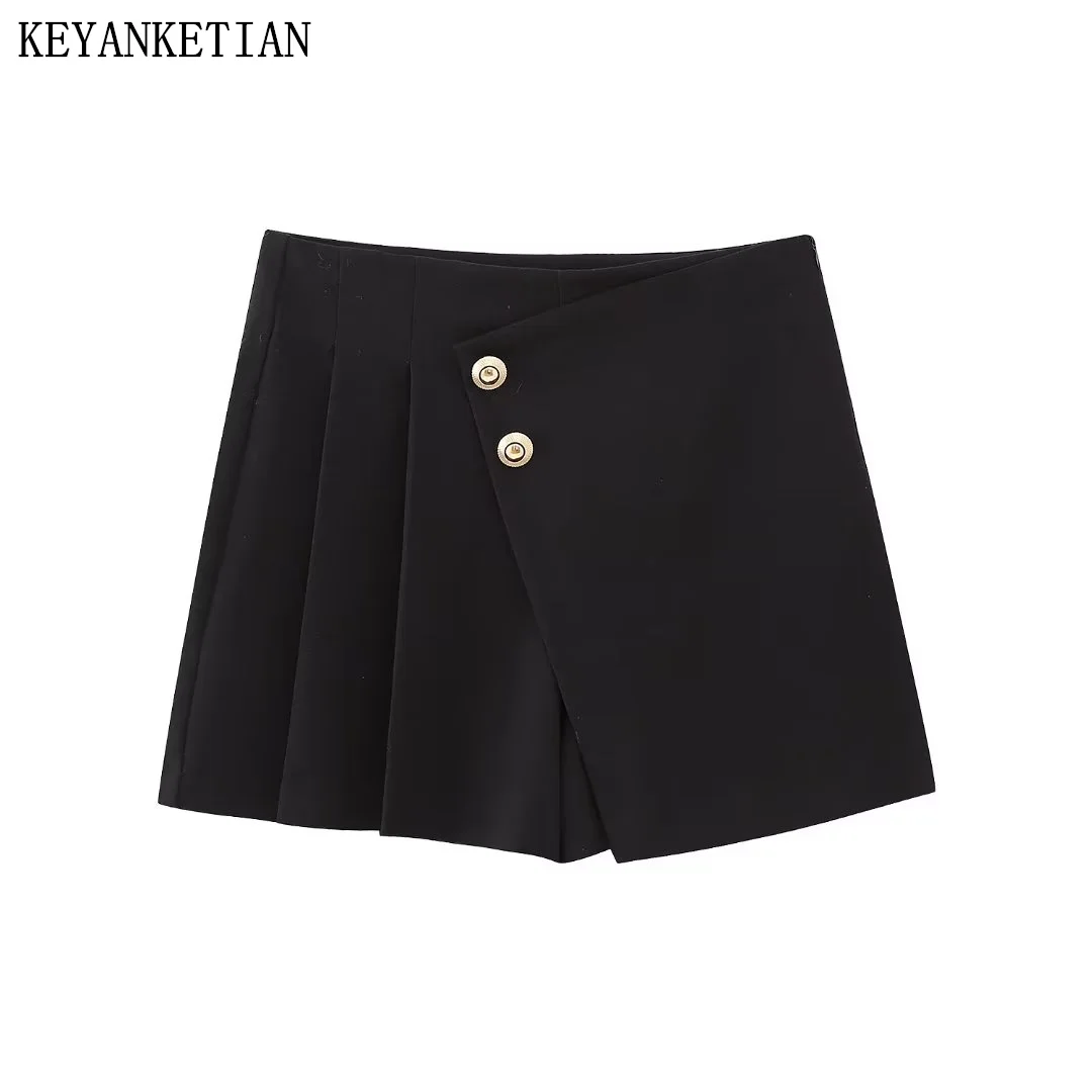 

KEYANKETIAN Autumn New Women's Breasted Wide Fold Skirt Black Commuter Style Asymmetrical High-Waisted A-Line Mini Pantskirt