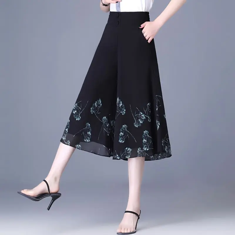 

Женские летние модные тонкие брюки с цветочным принтом 2024, женские укороченные брюки с высокой талией, женская шифоновая юбка с широкими штанинами B60