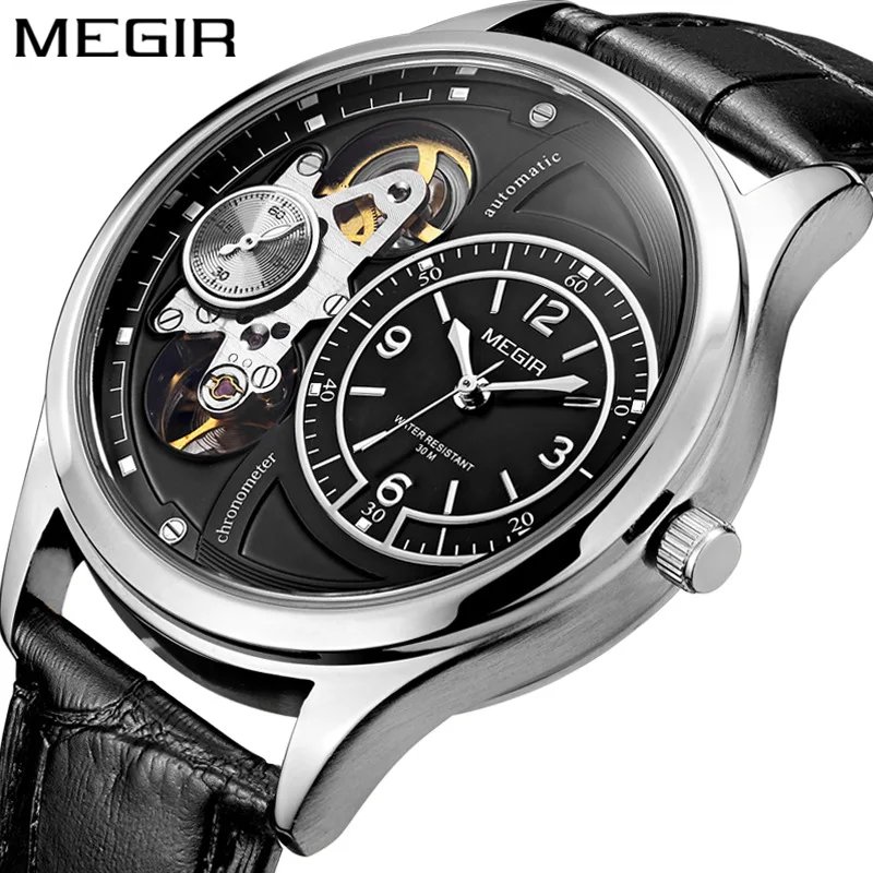 

MEGIR 2017 Men's Quartz Watch Fashion Watch Hollow Mechanical Dial Leather Strap Business Top Brand Wristwatches Clock