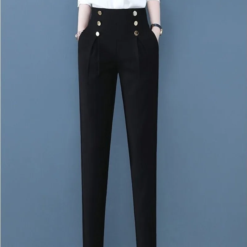 

Women's Spring and Autumn 2024 New Spliced High Waist Button Pocket Folds Small Feet Fashion Slim Straight Casual Harun Pants