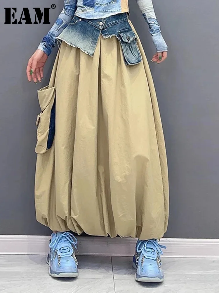 

[EAM] High Elastic Waist Apricot Denim Color-block A-line Half-body Skirt Women Fashion Tide New Spring Autumn 2024 1DH5571