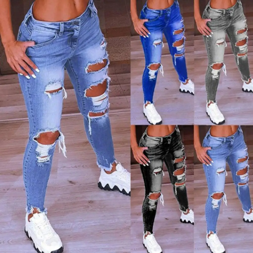 

Stylish Pencil Pants Bottoms Denim Jeans Stretchy Ripped Holes Skinny Jeans Skin-friendly