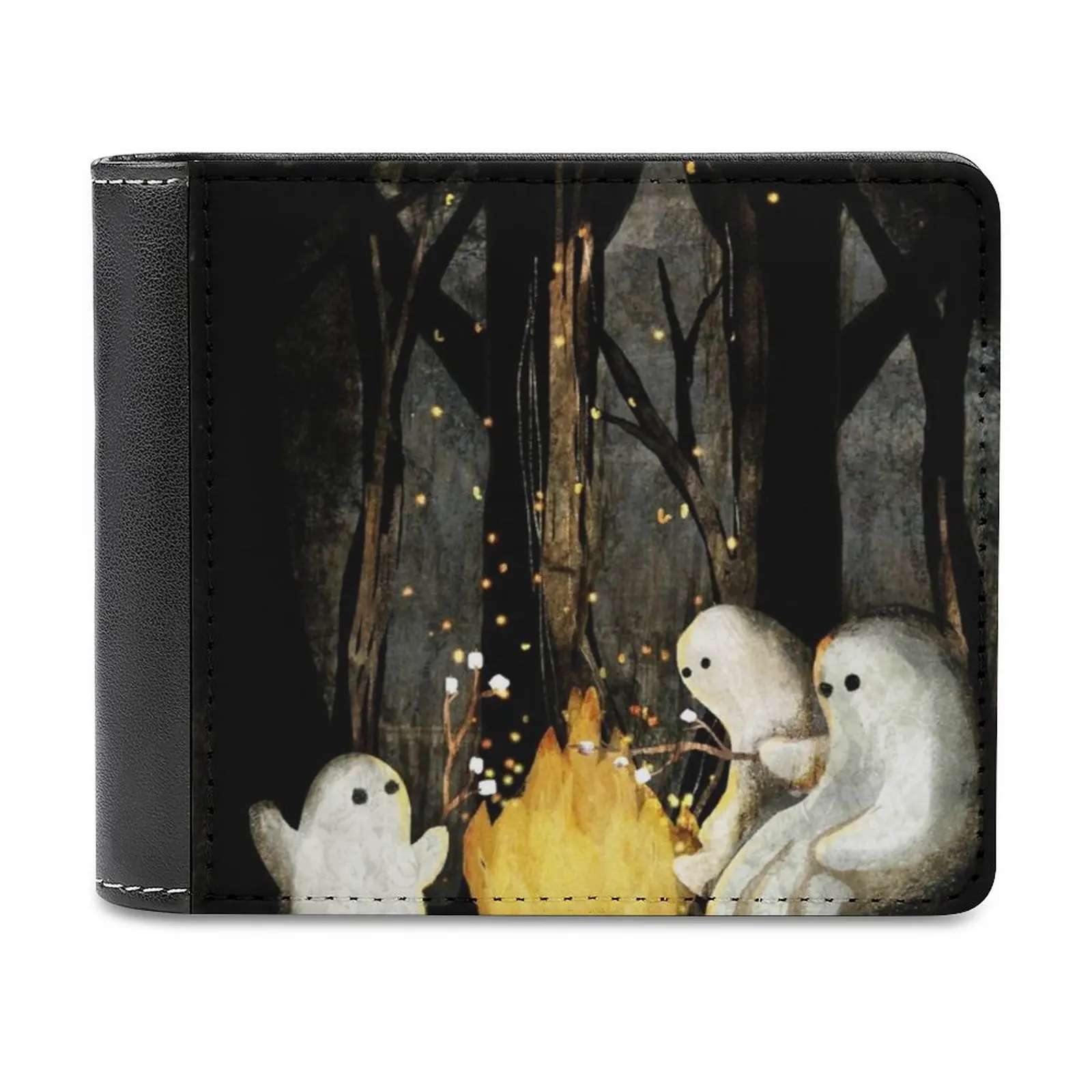 

Marshmallows And Ghost Stories Leather Wallet Men's Wallet Purse Money Clips Ghost Camping Bonfire Marshmallow Spooky Forest