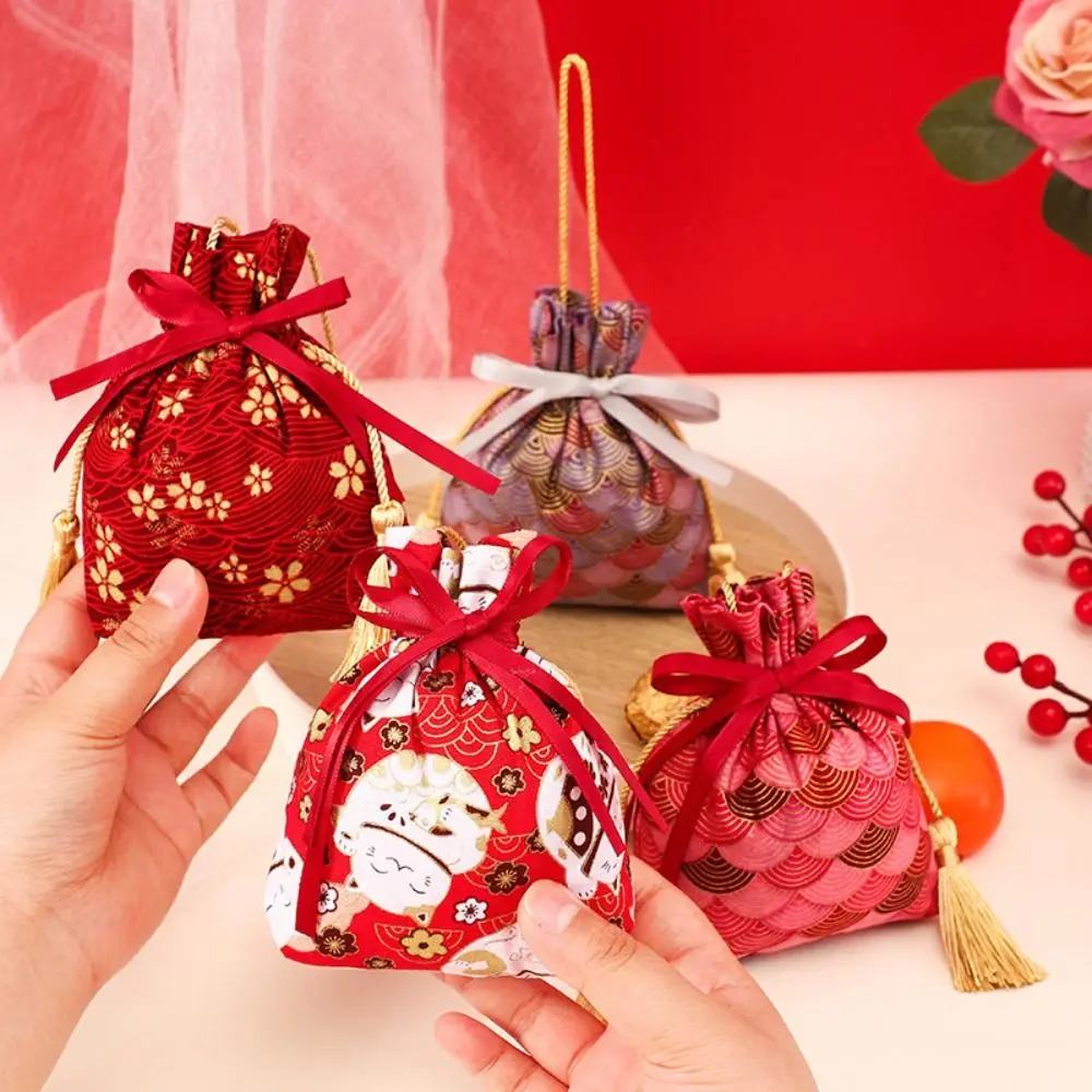 

Сакура, Цветочная Холщовая Сумка на шнурке с цветочным принтом, атласный праздничный сахарный мешок с бантом, полосатый кошелек для монет, кошелек, ленточный бант, сумка на запястье