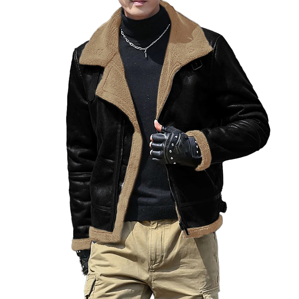 

Trendy Men's Winter Warm Trench Coat Lapel Suede Collar Zip Up Jacket with Plush Lining Fur Lined Outwear for Men