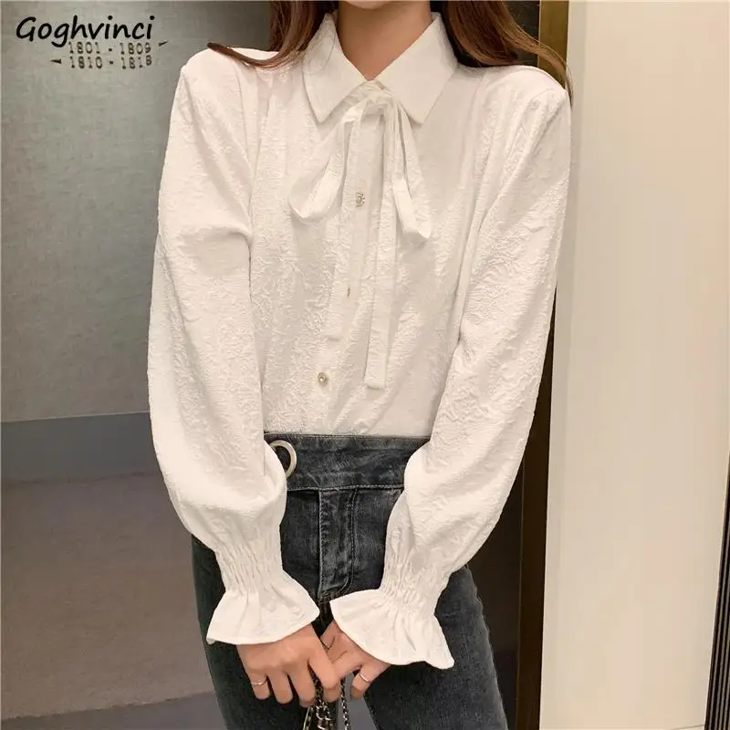 

White Shirts Women Lace-up Sweet Pure Lapel Designed Gentle Girls Preppy Style Loose Puff Sleeve Aesthetic Tops Spring Autumn