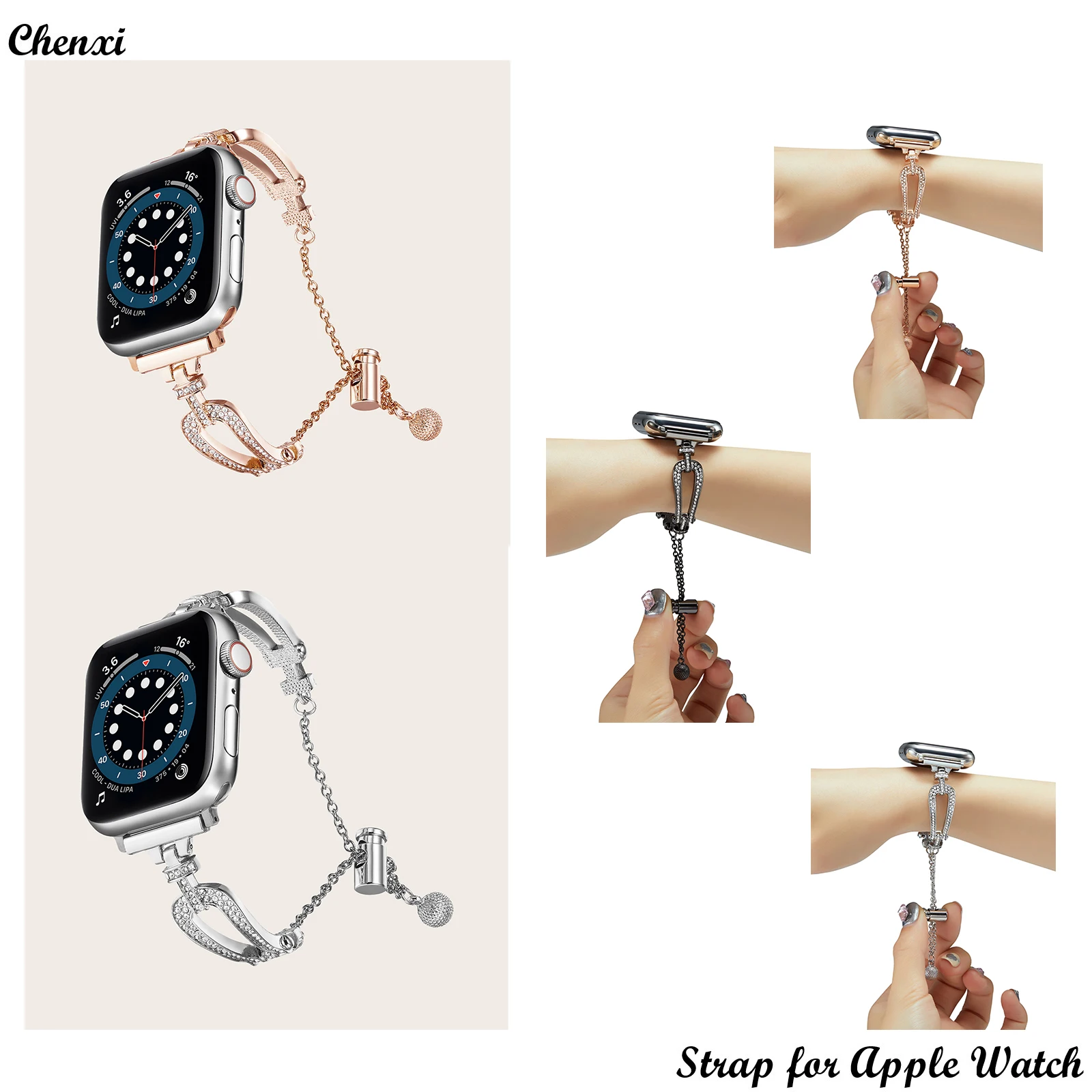 

U Sharp Metal Strap for Apple Watch Band Jewelry Bracelet Chain Iwatch87654321SE Ultra38 40 41 42 44 45mm Women Diamond Wrist