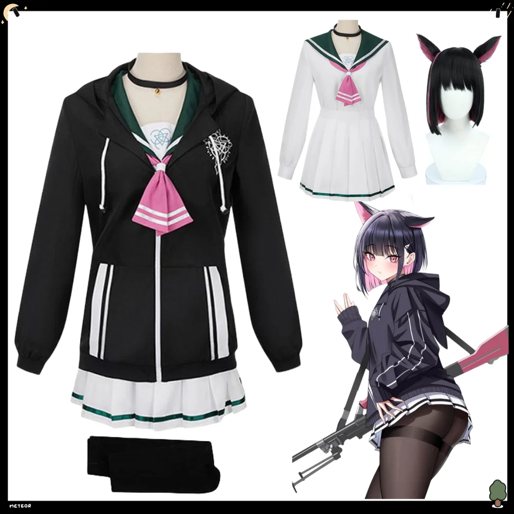 

Kyoyama Kazusa Anime Cosplay Game Blue Archive Costume Wig Girl Black Hoodie Sailor Suits Skirt Bow Tie Suit