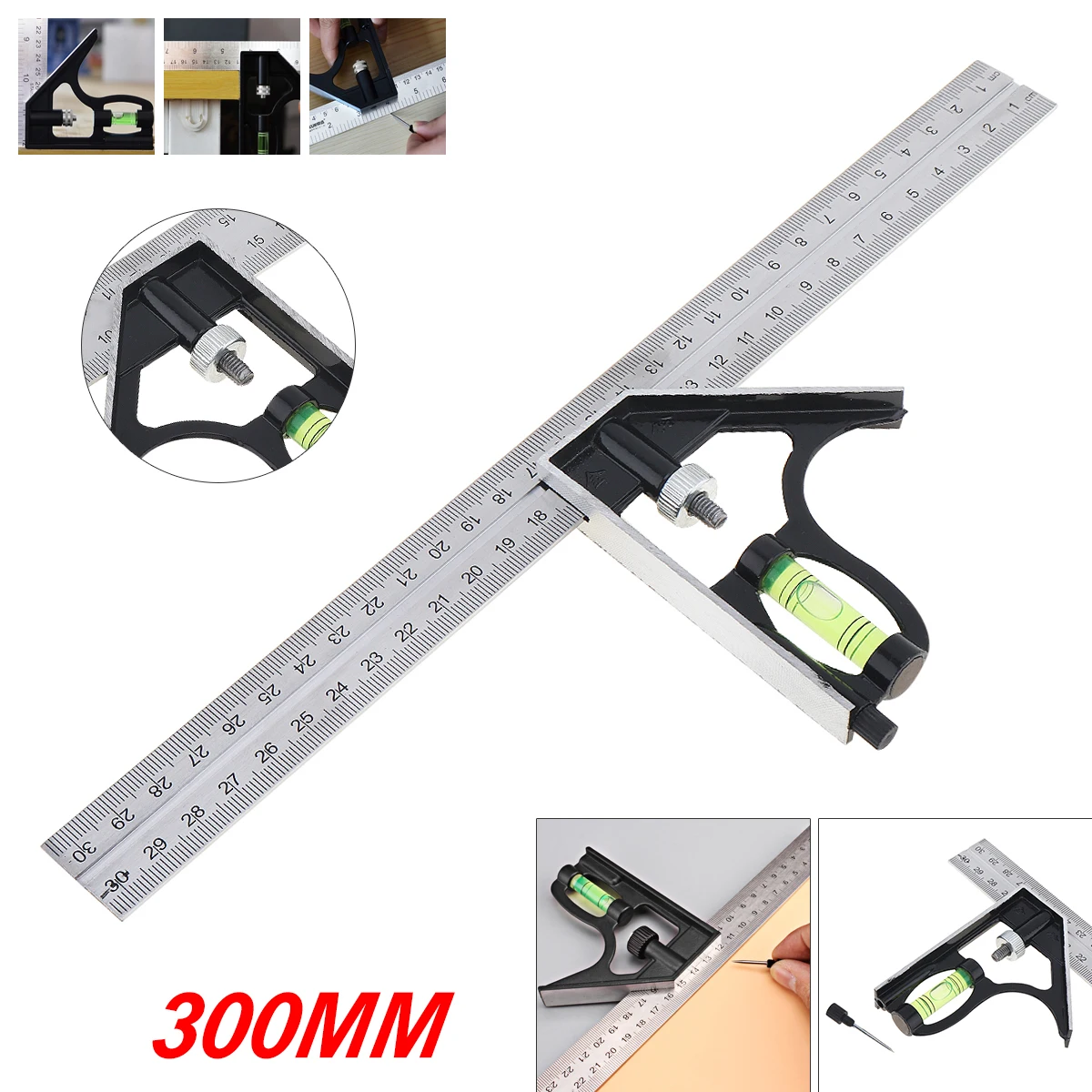 

12 Inch 300mm Adjustable Level Rulers Combination Angle Ruler 45 / 90 Degree With Bubble Level Multi-functional Measuring Tools
