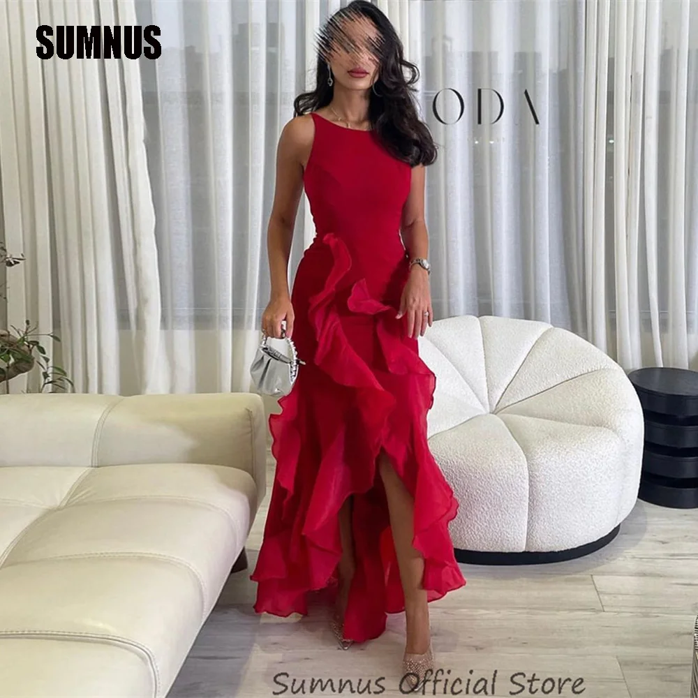 

SUMNUS Saudi Arabic Red Formal Party Gowns Sleeveless Mermaid Prom Dresses Evening Gown Ruffles Robe De Soirée Dubai Scoop Neck