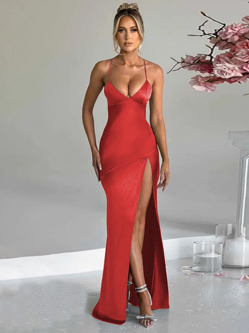 

2024 Sexy V-neck High Waist Tunics Slit Satin Long Evening Dresses for Women Elegant Bandage Backless Slim Fit Red Party Dress