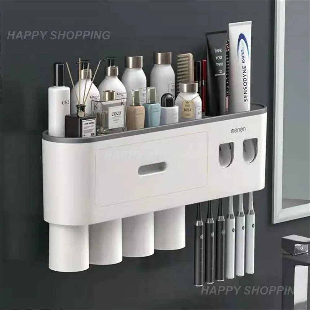 

Magnetic Adsorption Toothbrush Holder 4Cups Waterproof Storage Box Toothpaste Dispenser Wall Mounted Bathroom Accessories