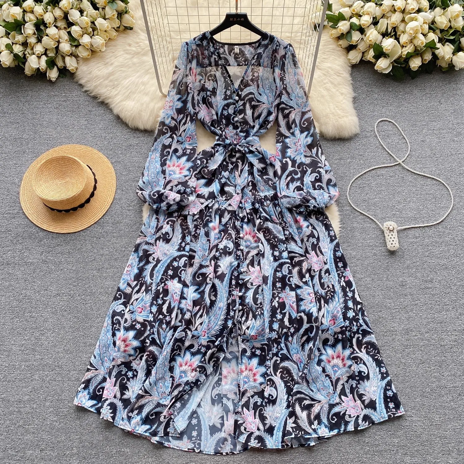 2024 New Holiday Style Fashion Vintage Chiffon Spring Summer Women V Neck Lace Up Lantern Sleeve Beach Boho Dresses
2024 New Holiday Style Fashion Vintage Chiffon Spring Summer Women V Neck Lace Up Lantern Sleeve Beach Boho Dresses