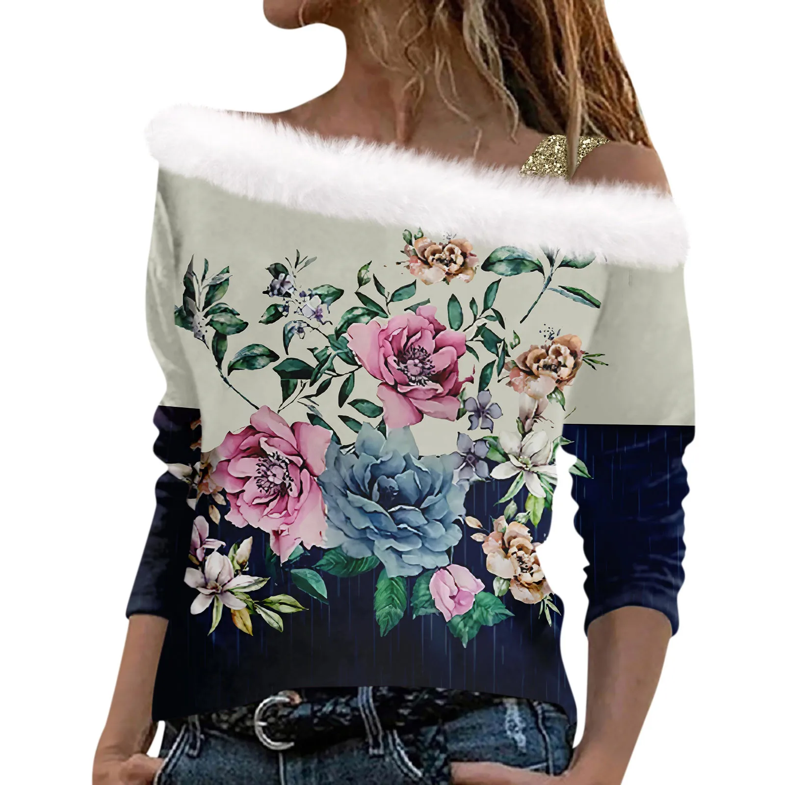 

2023 Autumn Winter Ladies Sexy Off-Shoulder Sweatshirt Fashion Women Casual Neckline Cuffs Hem Long Sleeve Femme Clothing