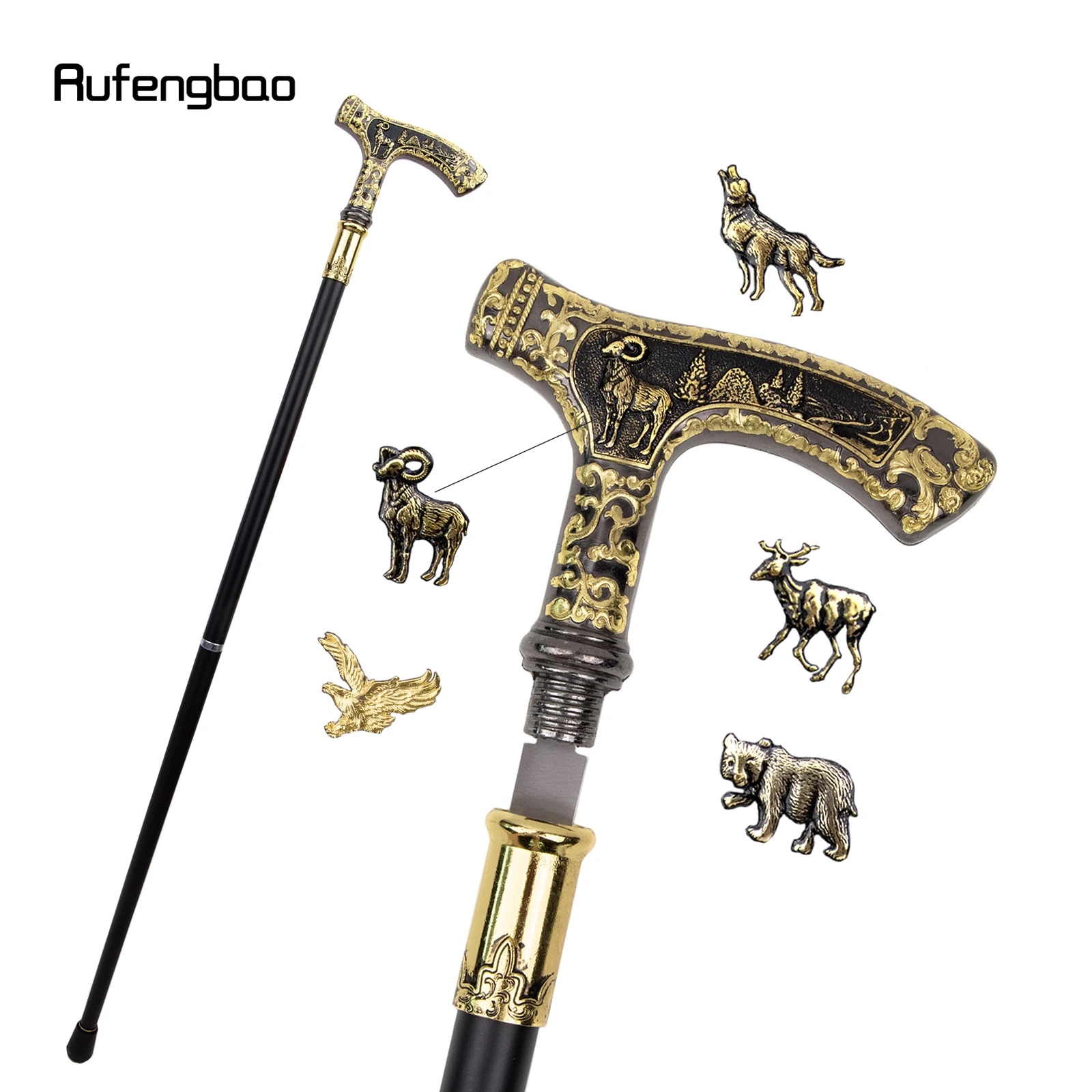 

Gold Black Animal Bear Eagle Wolf Goat Deer Walking Stick with Hidden Plate Self Defense Fashion Cane Cosplay Crosier Stick 90cm