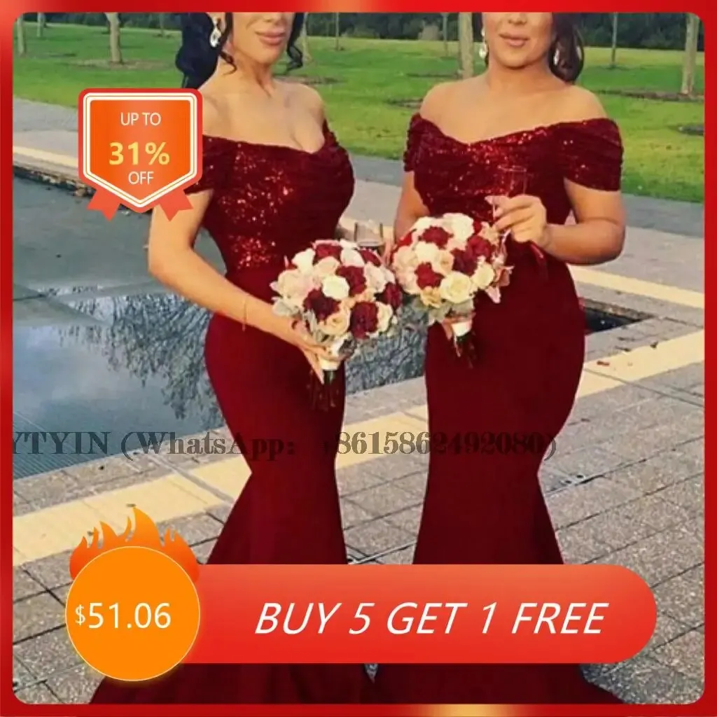 

Burgundy Mermaid Bridesmaid Dresses Off the Shoulder Women Trumpet Long Prom Dress Wedding Party Gown