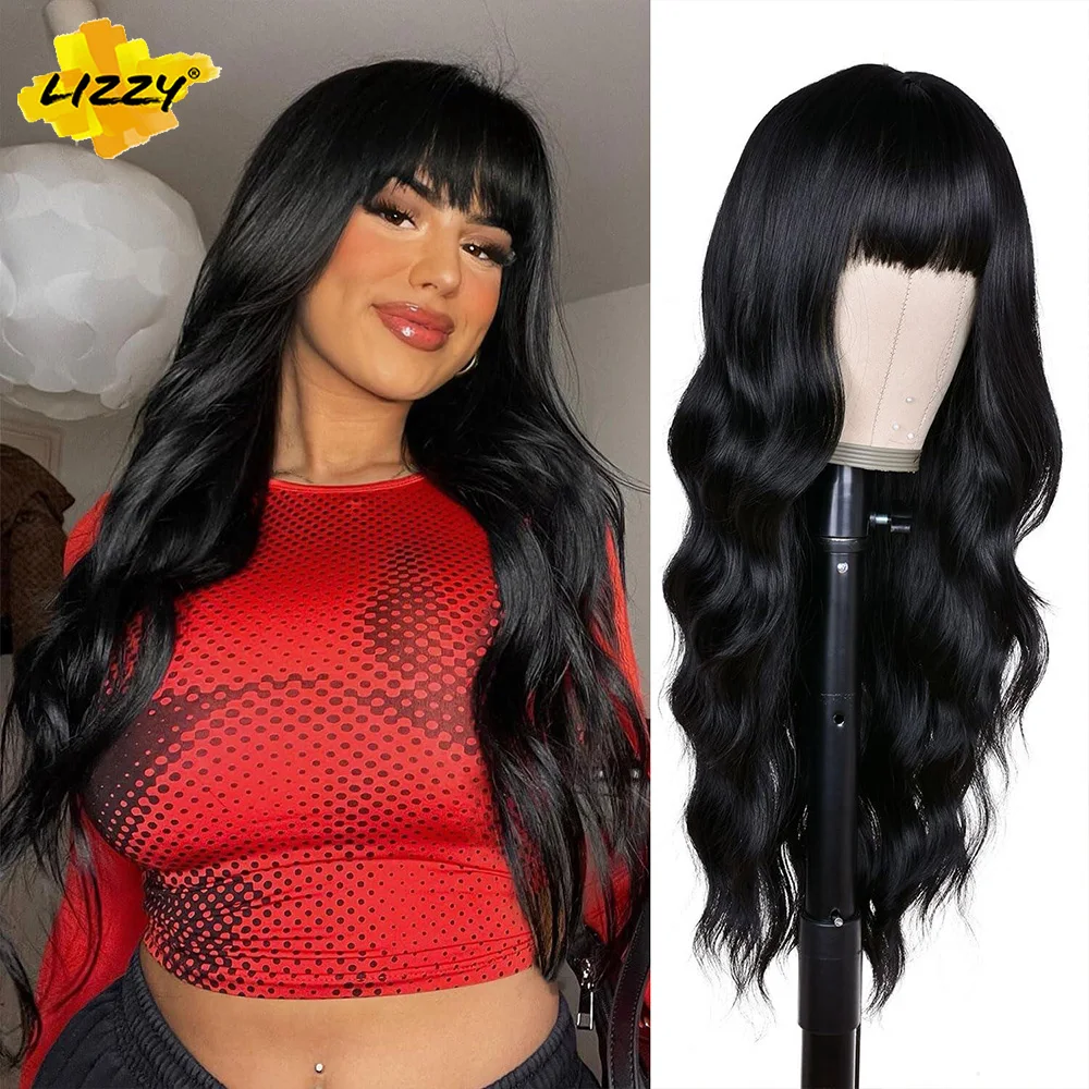 

Black Wig With Bangs Long Wavy Wigs For Women Synthetic Natural Long Curly Wig For Party Daily Cosplay Use 26"