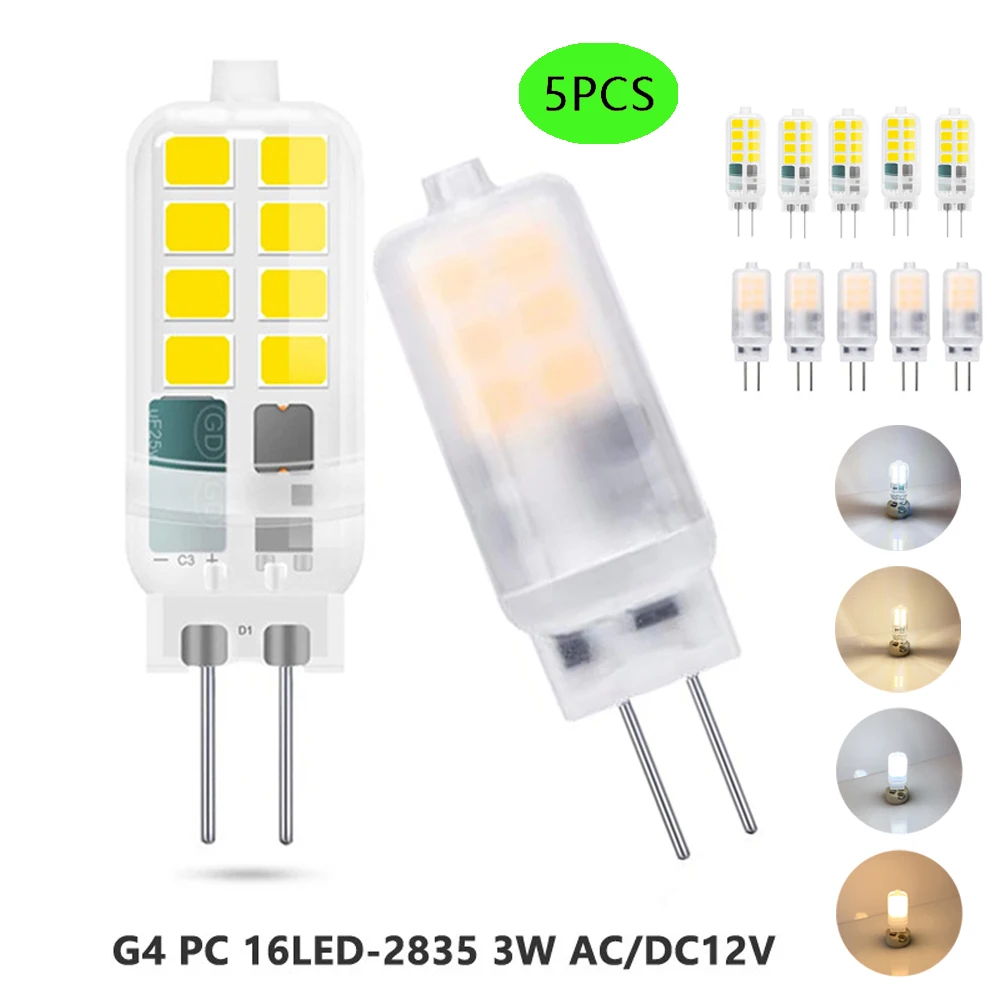 

5PCS G4 Bi-Pin LED Corn Light Bulb 3W AC/DC 12V 16LEDs 2835 No Flicker Suitable for Crystal Lamp Living Room and Office Lighting