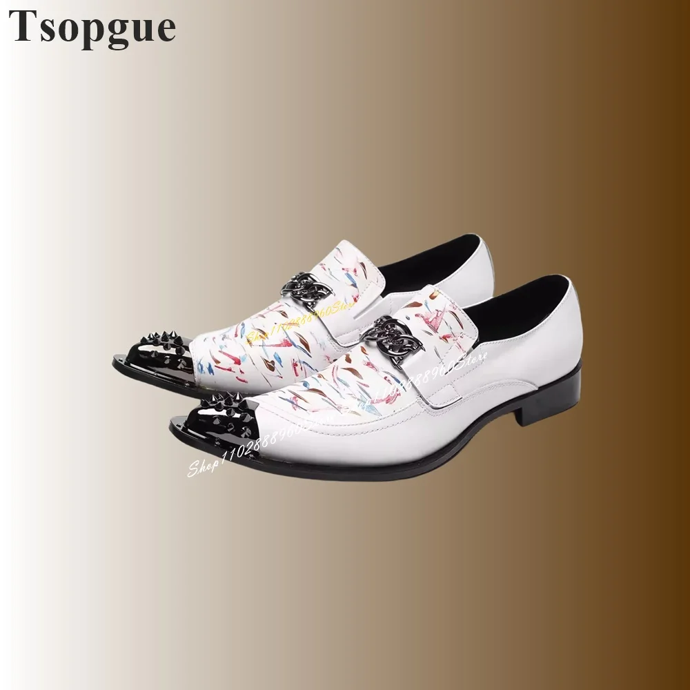 

White Leather Metal Rivet Decor Chelsea Men's Pumps Shoes For Men Slip On Runway Casual Party Shoes 2024 Fashion Zapatillas Muje