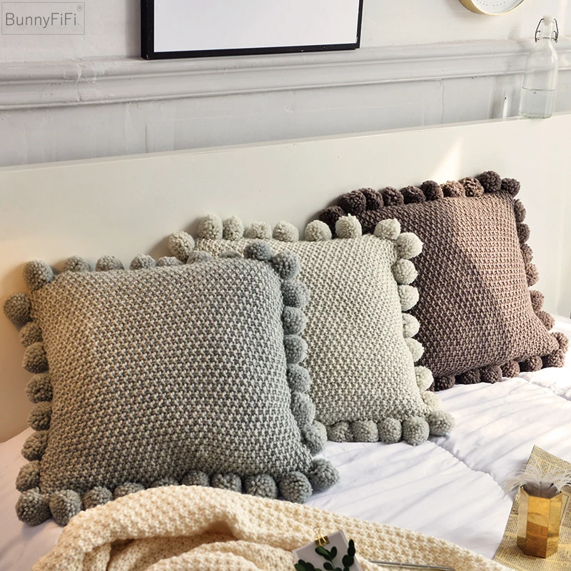 

Gray Cover Solid Knitted Coffee Cushion Solid Nordic Style Pillow Case With Balls 45*45cm Soft For Sofa Bed Room Home Decorative