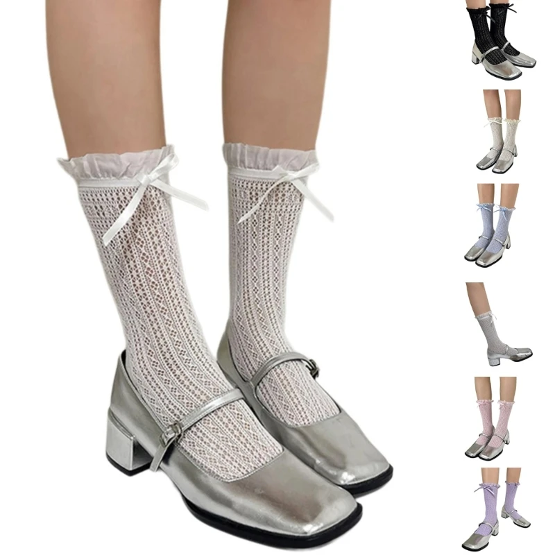 

Women Girls Hollowed Out Lace Mesh Calf Socks Sweet Ribbon Bowknot Frilly Socks DropShip