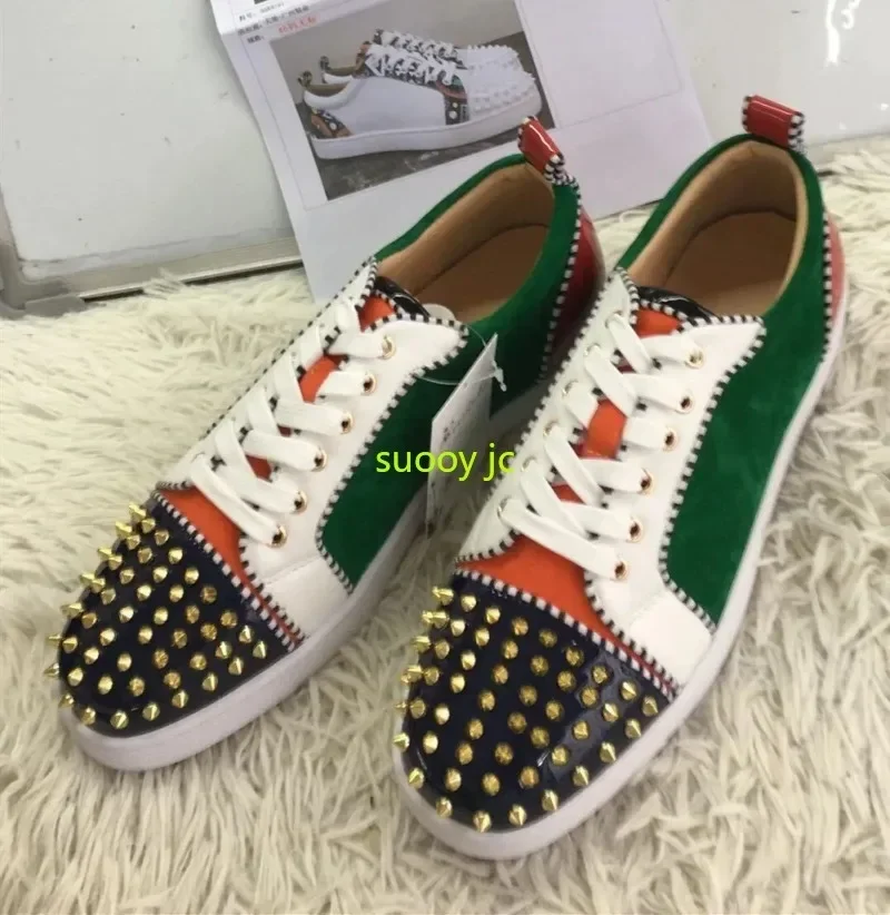 

Beertola Mixed Color Red sole shoes Patchwork Spikes Head Lace Up Flock Luxury Brand Men Shoes Leisure Style Men Shoes