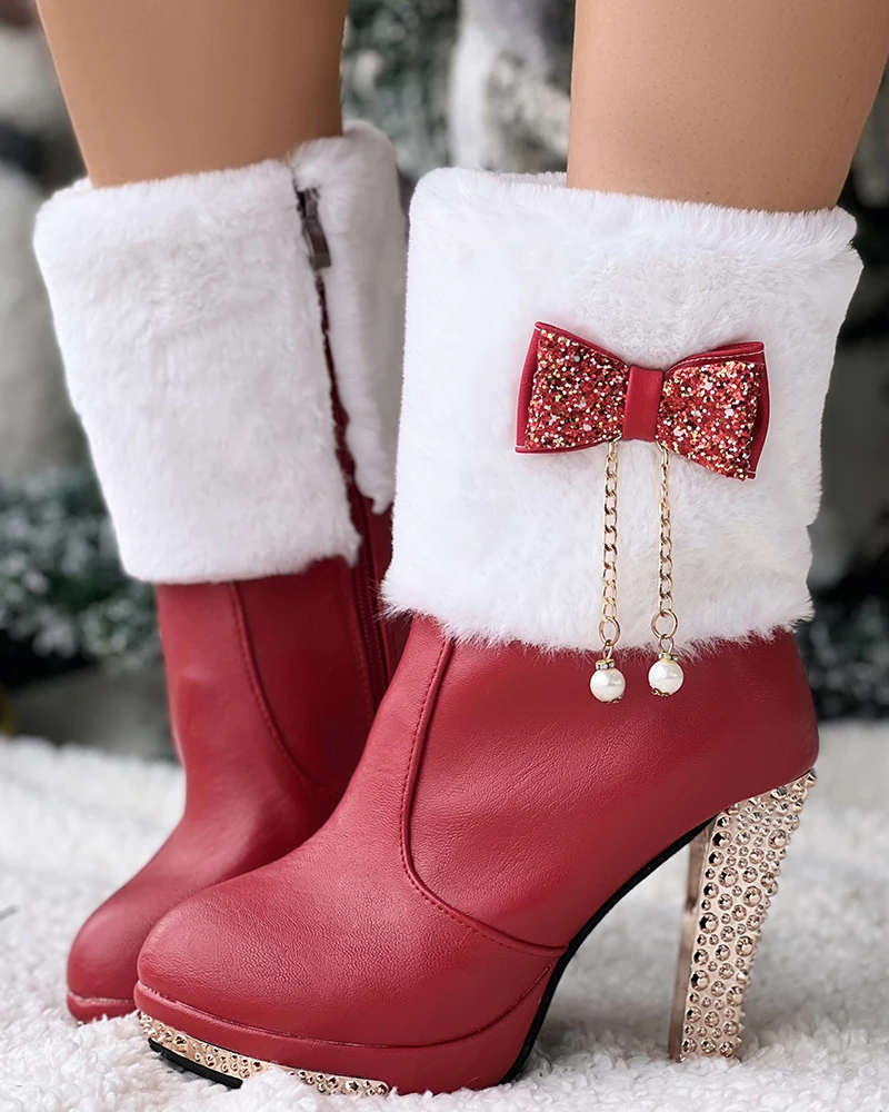 

Women Fashion High Heels Winter Pu Point Toe Shoes Colorblock Christmas Rhinestone Bowknot Decor Fuzzy Detail Lined Boots