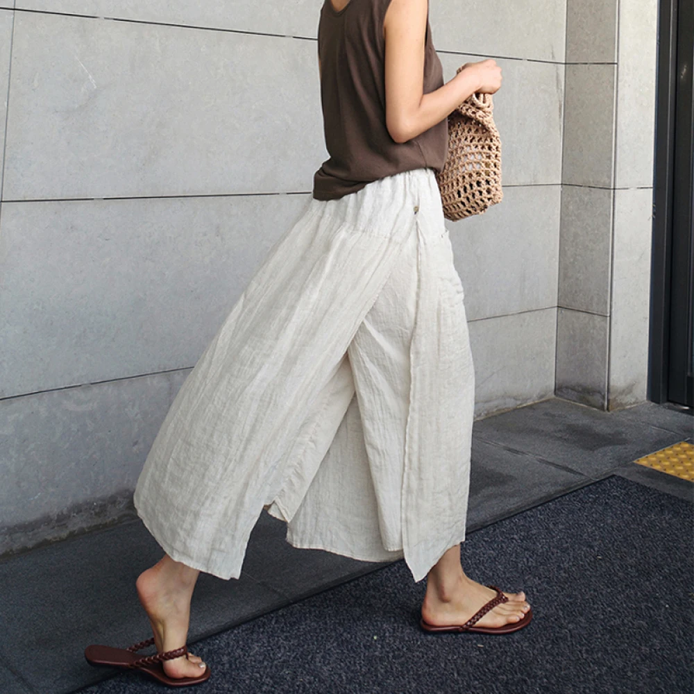 Spring Summer Cotton Linen Long Wide Leg Pants for Women Fake Two Piece Casual Female Trousers Loose Culottes 2024
Spring Summer Cotton Linen Long Wide Leg Pants for Women Fake Two Piece Casual Female Trousers Loose Culottes 2024