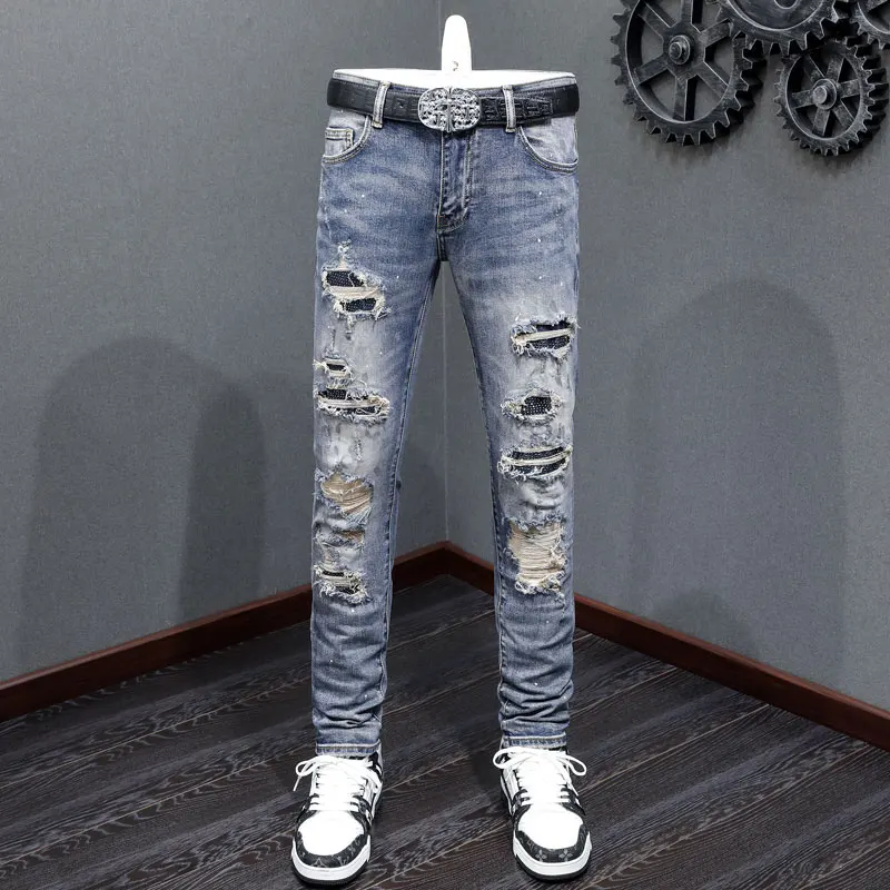 

Street Fashion Men Jeans Retro Washed Blue Stretch Painted Skinny Ripped Jeans Men Beading Patched Designer Hip Hop Brand Pants
