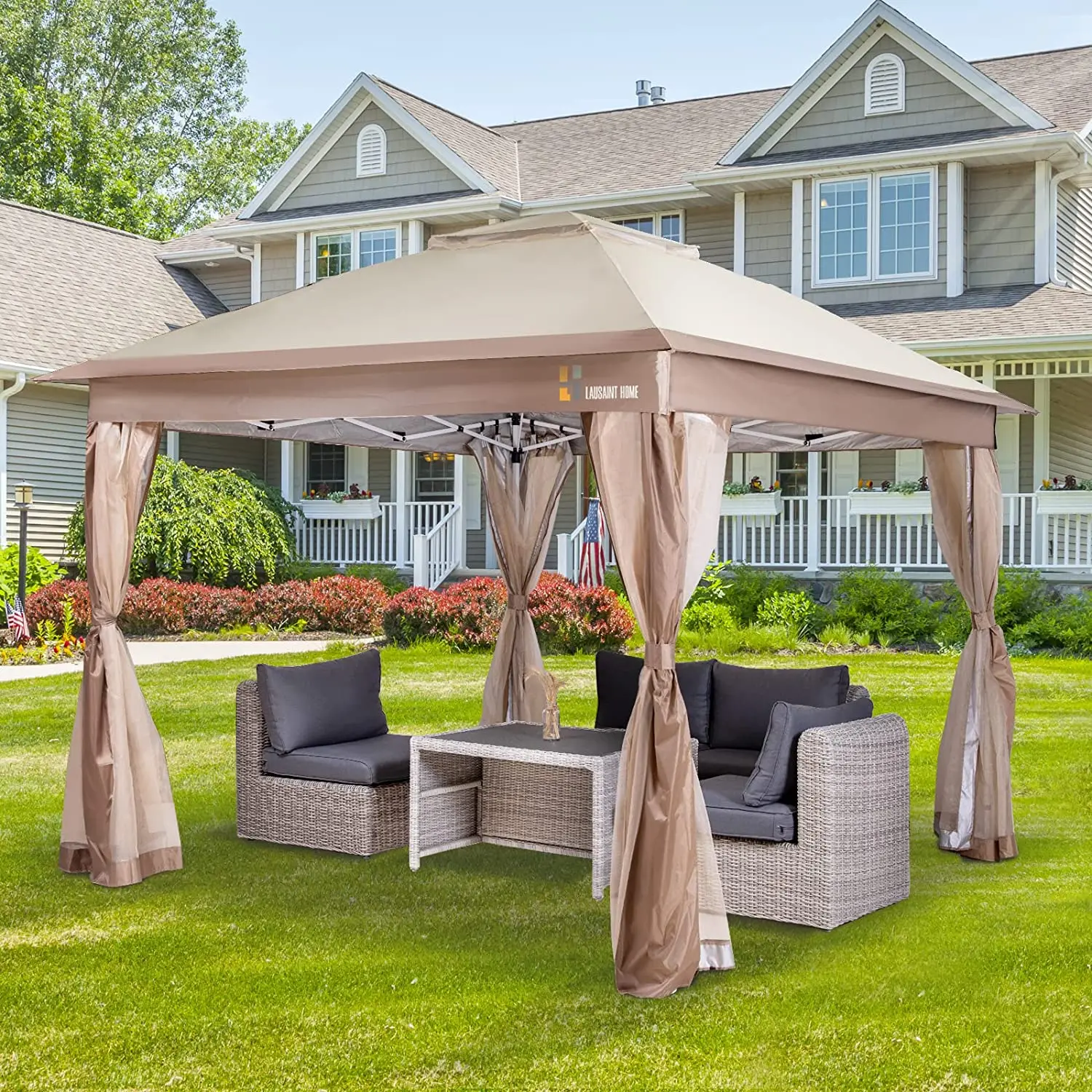 11x11FT Pop Up Gazebo with Mosquito Netting Easy Set-Up Outdoor Instant Canopy Tent Portable Shelter with Carry Bag Khaki/Grey 
11x11FT Pop Up Gazebo with Mosquito Netting Easy Set-Up Outdoor Instant Canopy Tent Portable Shelter with Carry Bag Khaki/Grey