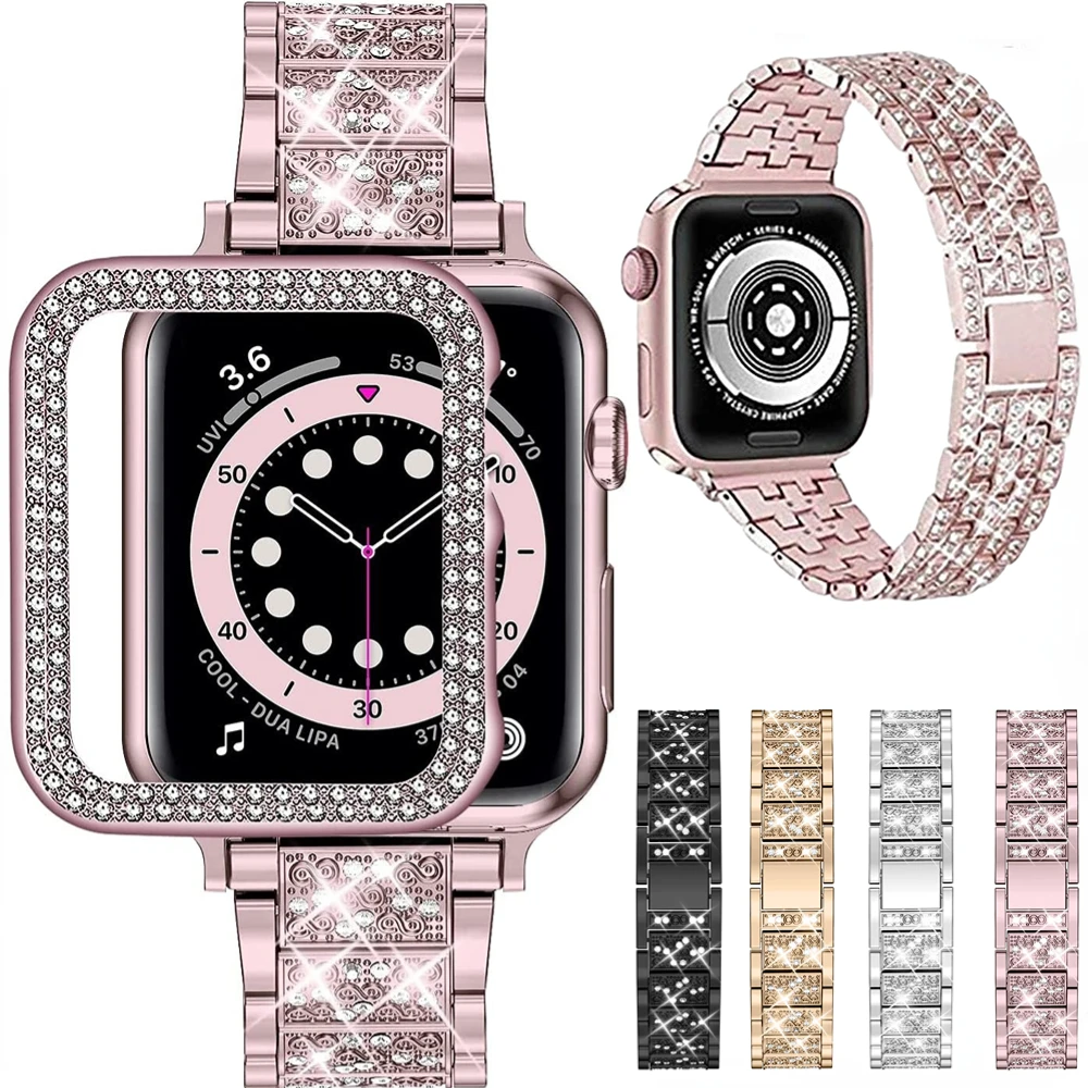 

PC Case + Metal Strap for Apple Watch Band 44mm 40mm 45mm 41mm 42mm 38mm Diamond Bracelet for iWatch Series 8 7 6 5 4 3 SE Cover