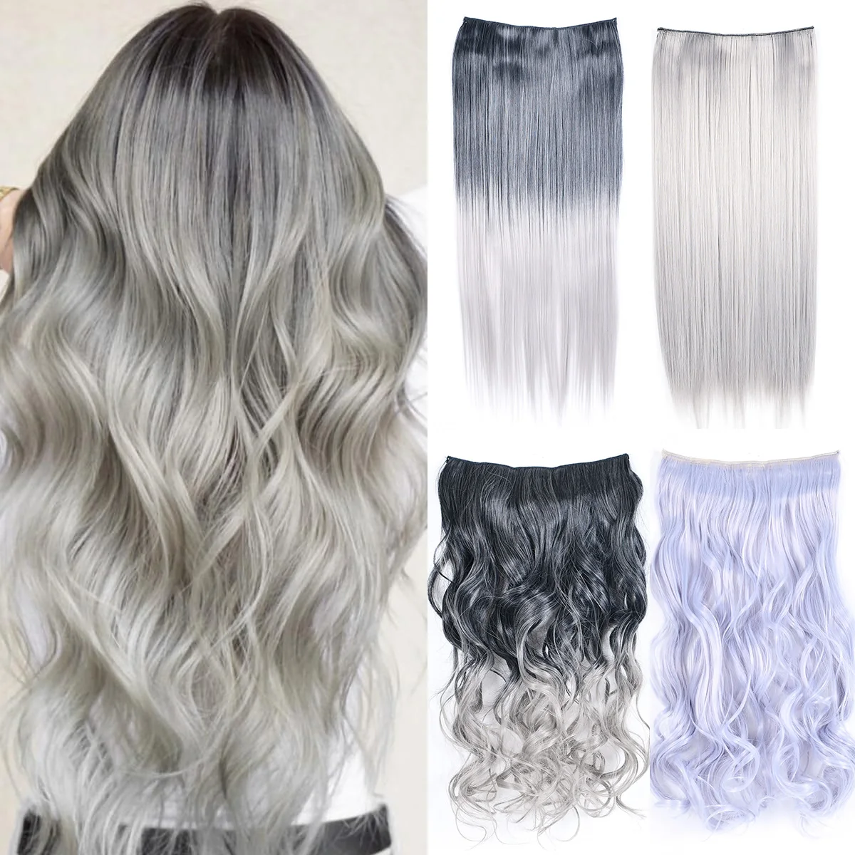 

Jeedou Clip in Hair Extensions For Women One Piece Straight&Wavy Synthetic Natural Black Gray Ombre Color Cosplay Hairpieces