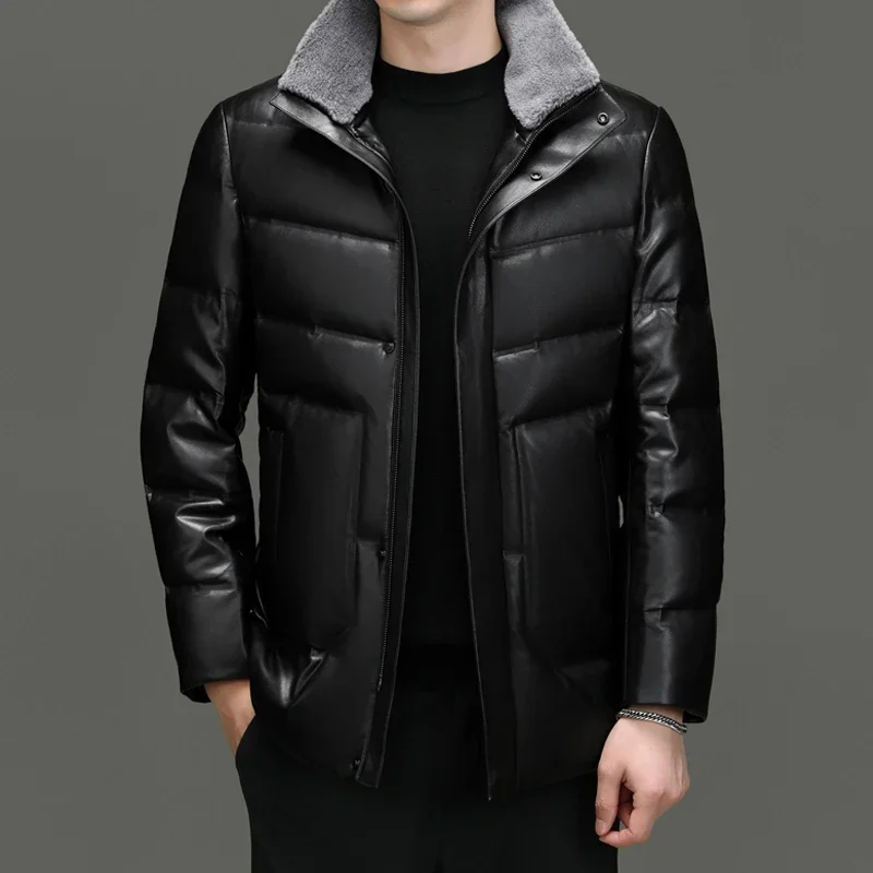 

Leather down Feather Coat New Fashion Young Men's Leather Jacket with Extra Thick Fur Collar Leather Sheep Skin Coat