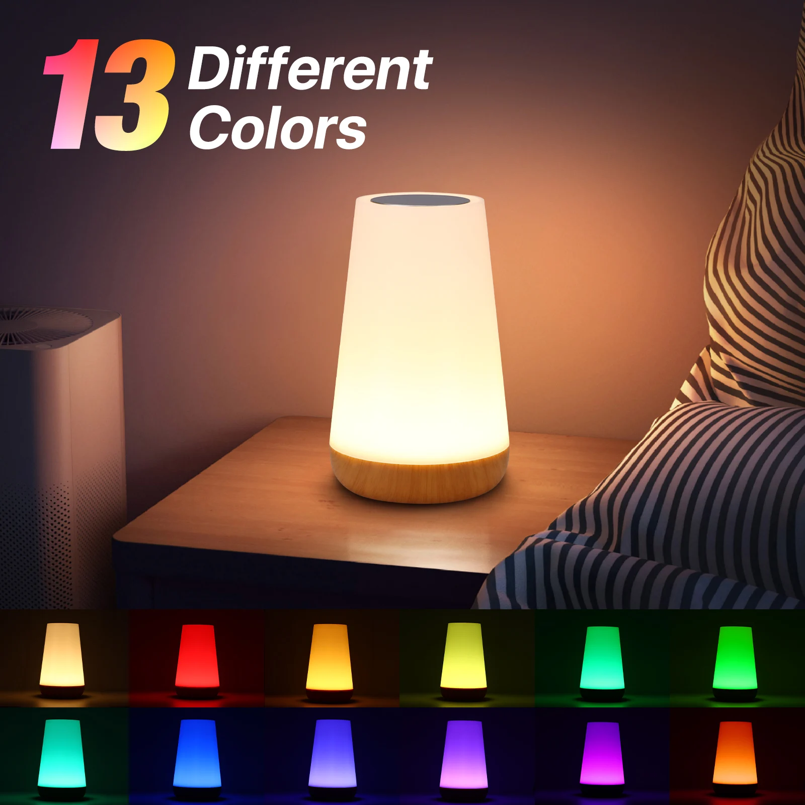 

LED Table Lamp Wood Grain Touch Bedside Lamps With Remote Control RGB Color Changing Dimmable Nightstand Light Timer Decoration