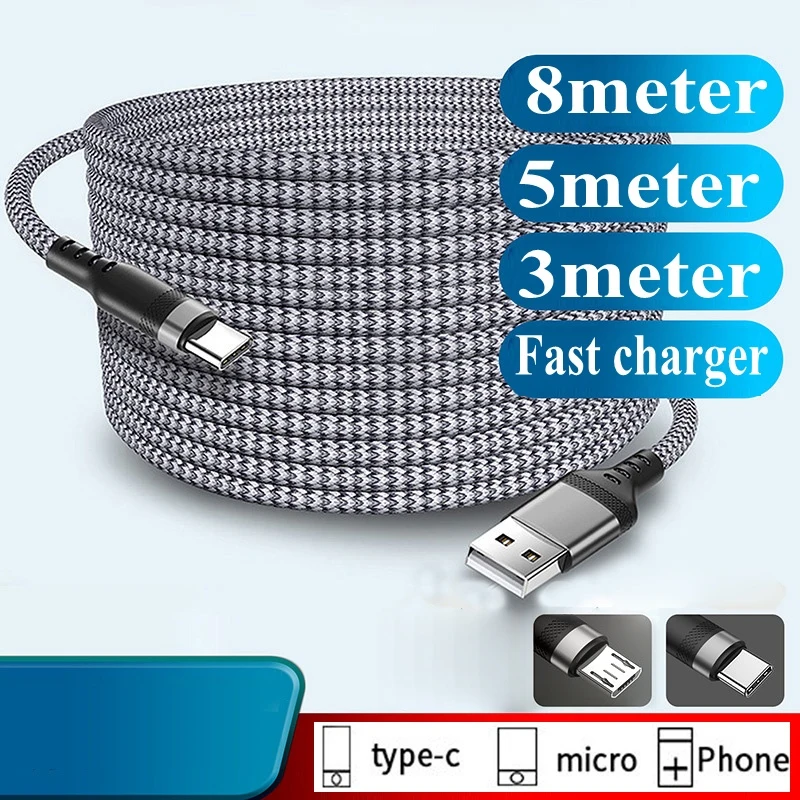 

USB TYPE-C Micro USB LIGHTNING 1m 1.5m 2m 3m 5m 8m Cable Braided Extended Data Cable for iPhone Samsung Xiaomi Switch Game PS5