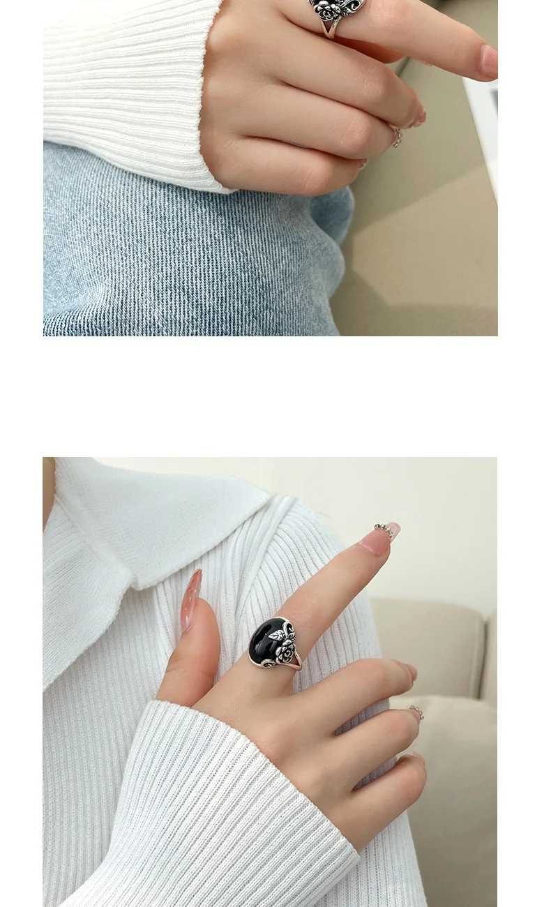 S925 sterling silver black agate rose ring for women European and American style fashion advanced temperament classic flat ring
S925 sterling silver black agate rose ring for women European and American style fashion advanced temperament classic flat ring
