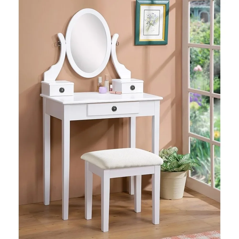 

White Wood Vanity Table and Stool Set Medium Freight Free Dresser With Mirror Dressing Furniture Makeup Bedroom Home