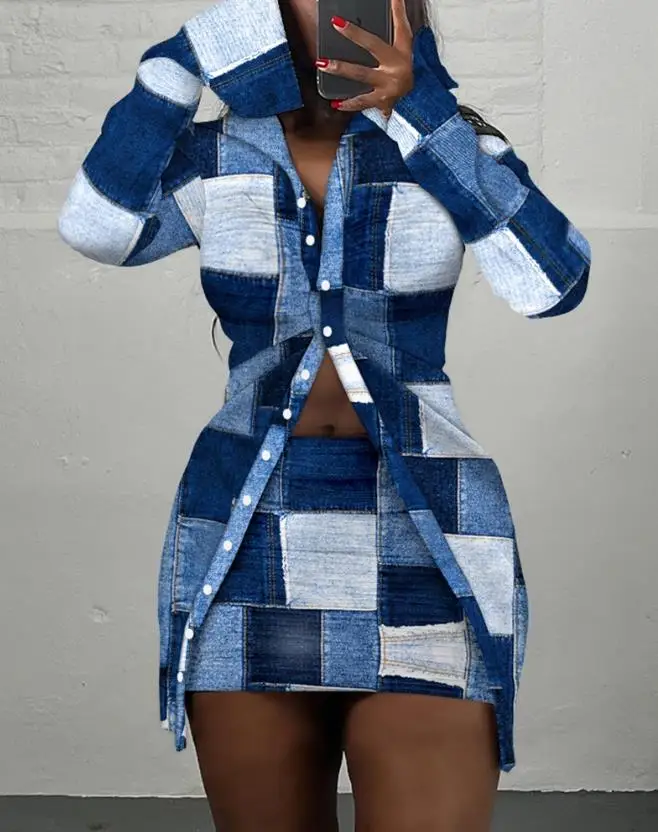Casual 2 Piece Sets Womens Outfits 2023 Autumn Turn-Down Collar Denim Look Print Ruched Long Sleeve Top & Fashion Mini Skirt Set
Casual 2 Piece Sets Womens Outfits 2023 Autumn Turn-Down Collar Denim Look Print Ruched Long Sleeve Top & Fashion Mini Skirt Set