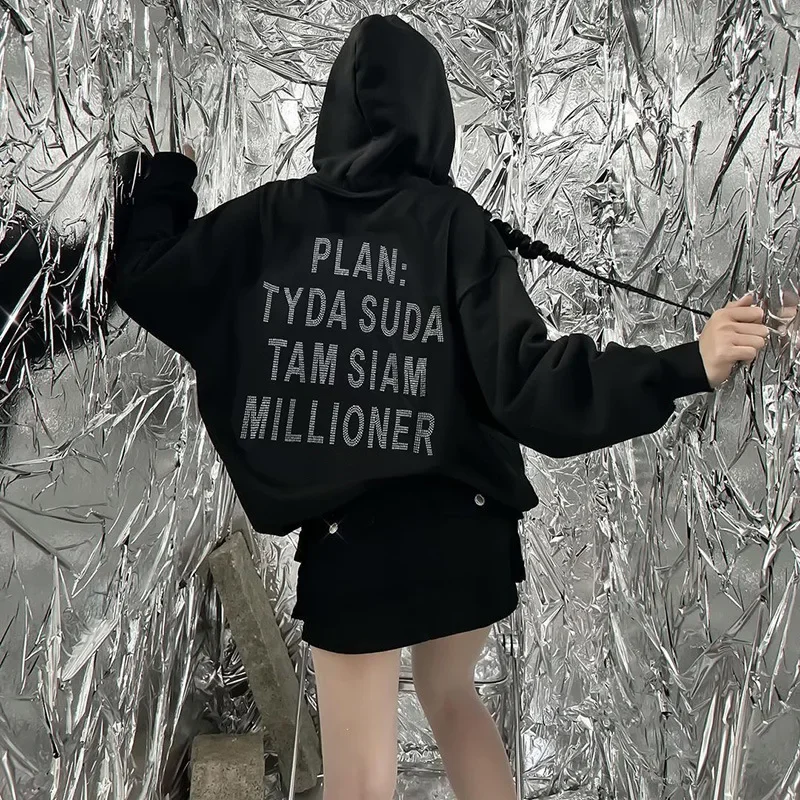 Letter Rhinestone Long Sleeve Sweatshirt Hoodies Women Black Hot Diamonds Loose Oversized Female Pullovers Streetwear 2023
Letter Rhinestone Long Sleeve Sweatshirt Hoodies Women Black Hot Diamonds Loose Oversized Female Pullovers Streetwear 2023