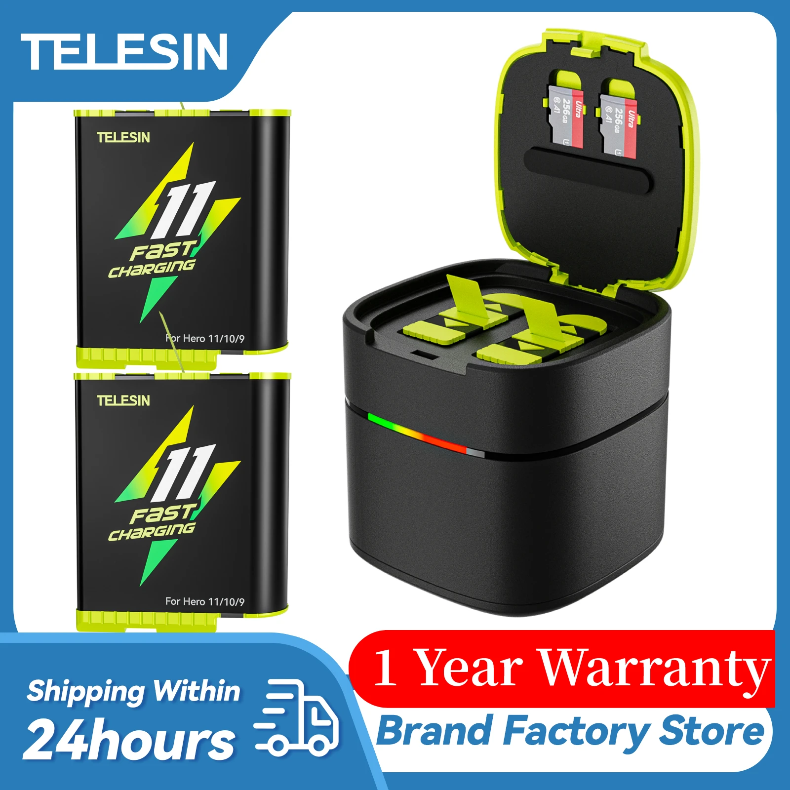 

TELESIN Fast Charging Battery For GoPro 12 Hero 11 10 9 1750 mAh Battery 2 Ways Fast Charger Box TF Card Storage For GoPro11 10